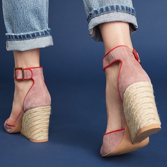 Anthropologie Liendo Seychelles Villa Wedges in Pink Suede with Red Trim size 8 - Picture 3 of 16